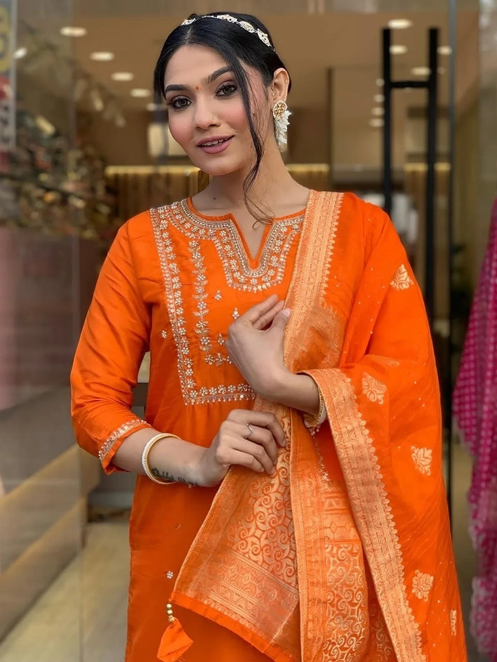 Fabulous Orange Hand Work Viscose | Traditional Pant Suit With Dupatta Fashionable