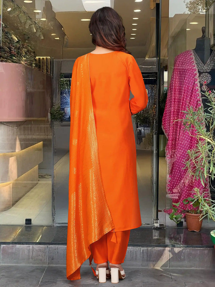 Fabulous Orange Hand Work Viscose | Traditional Pant Suit With Dupatta Fashionable