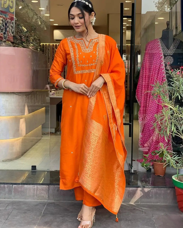 Graceful Orange Viscose Chanderi Top with Viscose Chanderi Bottom | Highlighting a Stunning