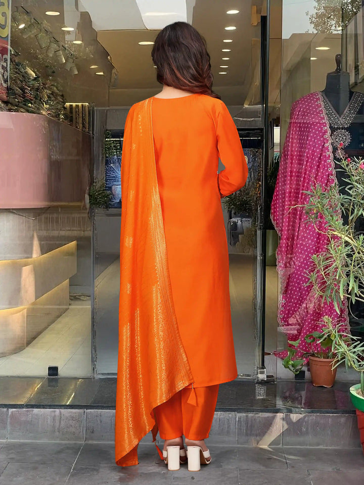 Graceful Orange Viscose Chanderi Top with Viscose Chanderi Bottom | Highlighting a Stunning