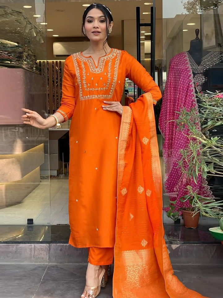 Fabulous Orange Hand Work Viscose | Traditional Pant Suit With Dupatta Fashionable