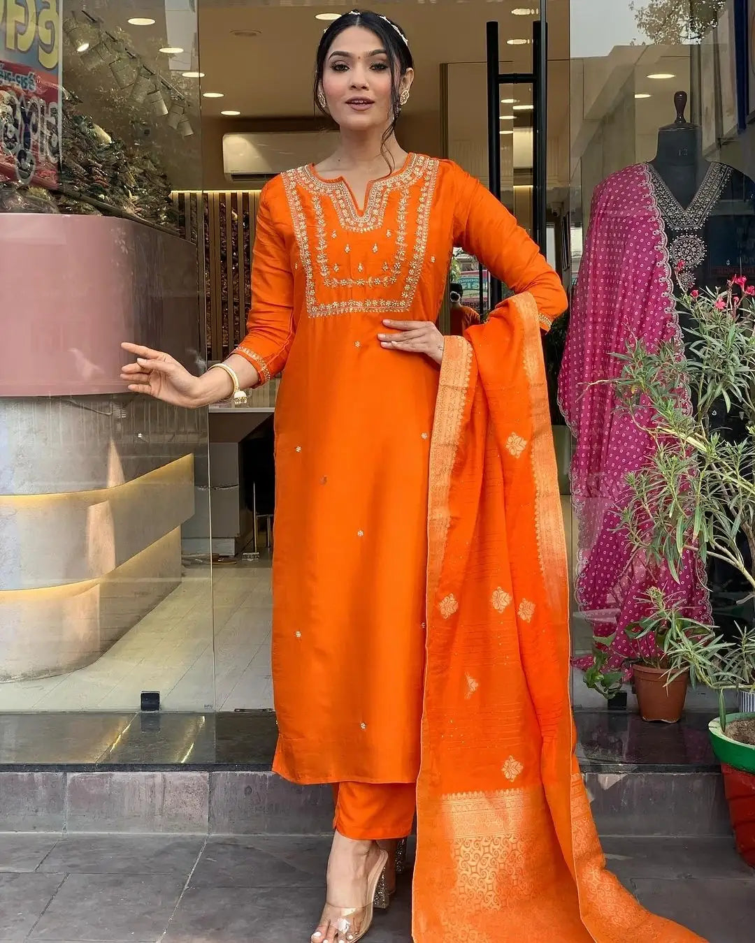 Graceful Orange Viscose Chanderi Top with Viscose Chanderi Bottom | Highlighting a Stunning