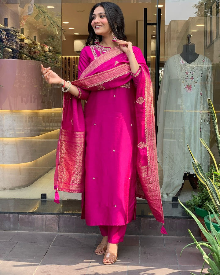 Graceful Bright Pink Viscose Chanderi Top with Viscose Chanderi Bottom | Completed with a Gorgeous
