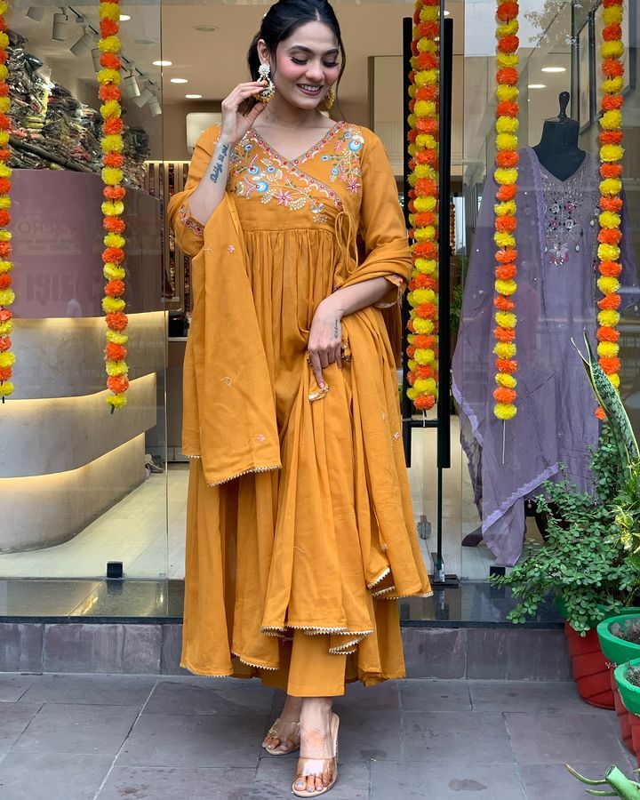Stylish Mustard Viscose Chanderi Top & Bottom | Highlighting a Stunning