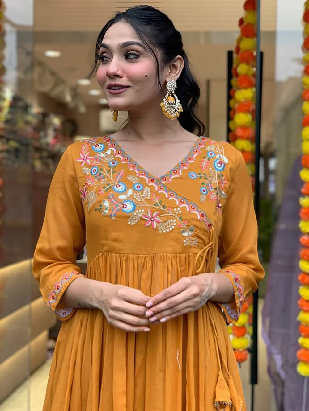 Outstanding Mustard Yellow Embroidered Viscose Pant Suit With Dupatta