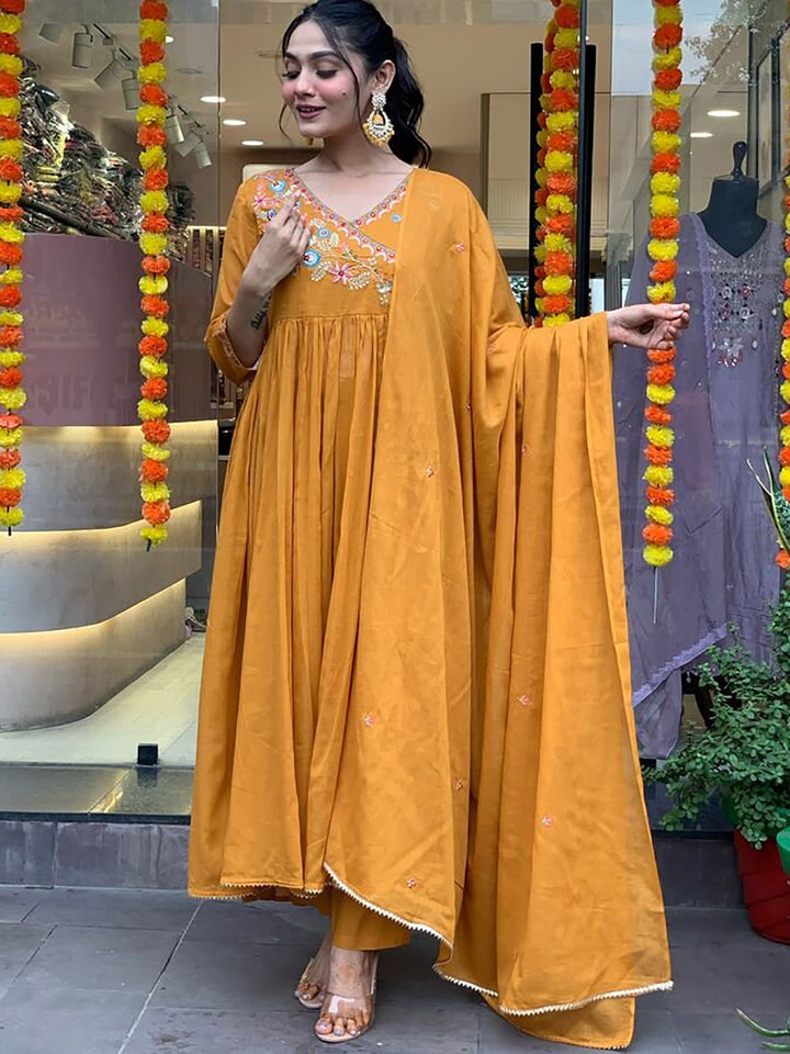 Outstanding Mustard Yellow Embroidered Viscose Pant Suit With Dupatta