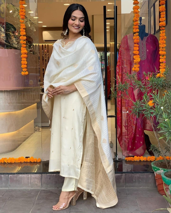 Graceful Off White Viscose Chanderi Top with Viscose Chanderi Bottom | Completed with a Gorgeous