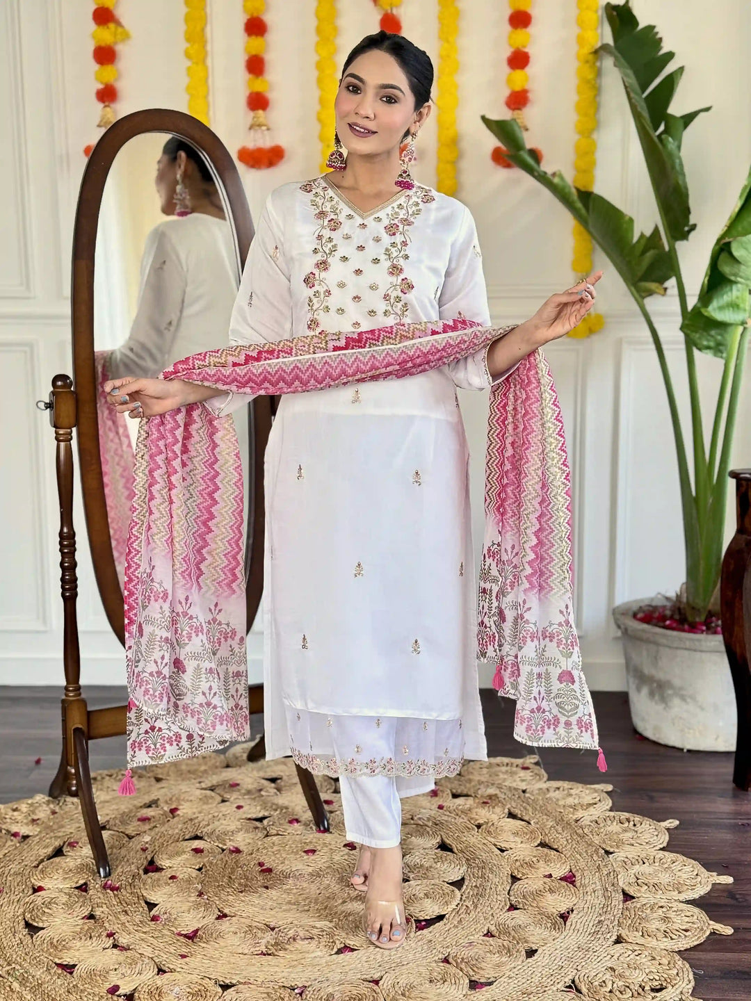 Stylish White Viscose Chanderi Top Featuring Viscose Chanderi Bottom | Completed with a Gorgeous