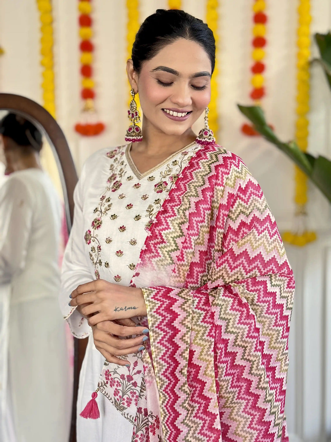 Stylish White Viscose Chanderi Top Featuring Viscose Chanderi Bottom | Completed with a Gorgeous