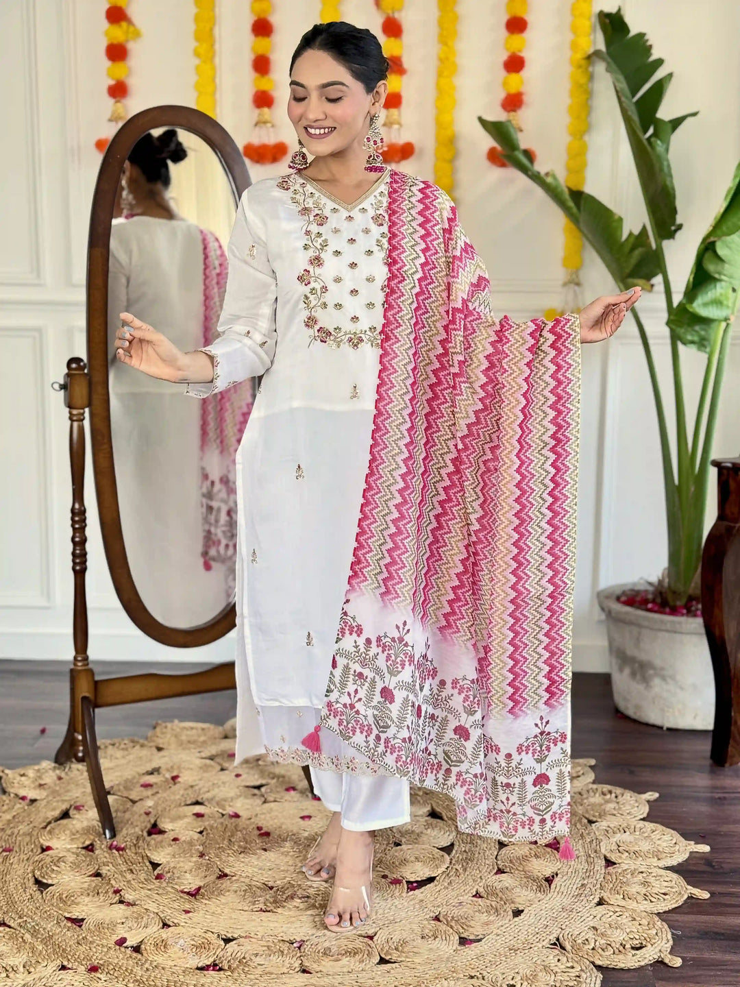 Stylish White Viscose Chanderi Top Featuring Viscose Chanderi Bottom | Completed with a Gorgeous