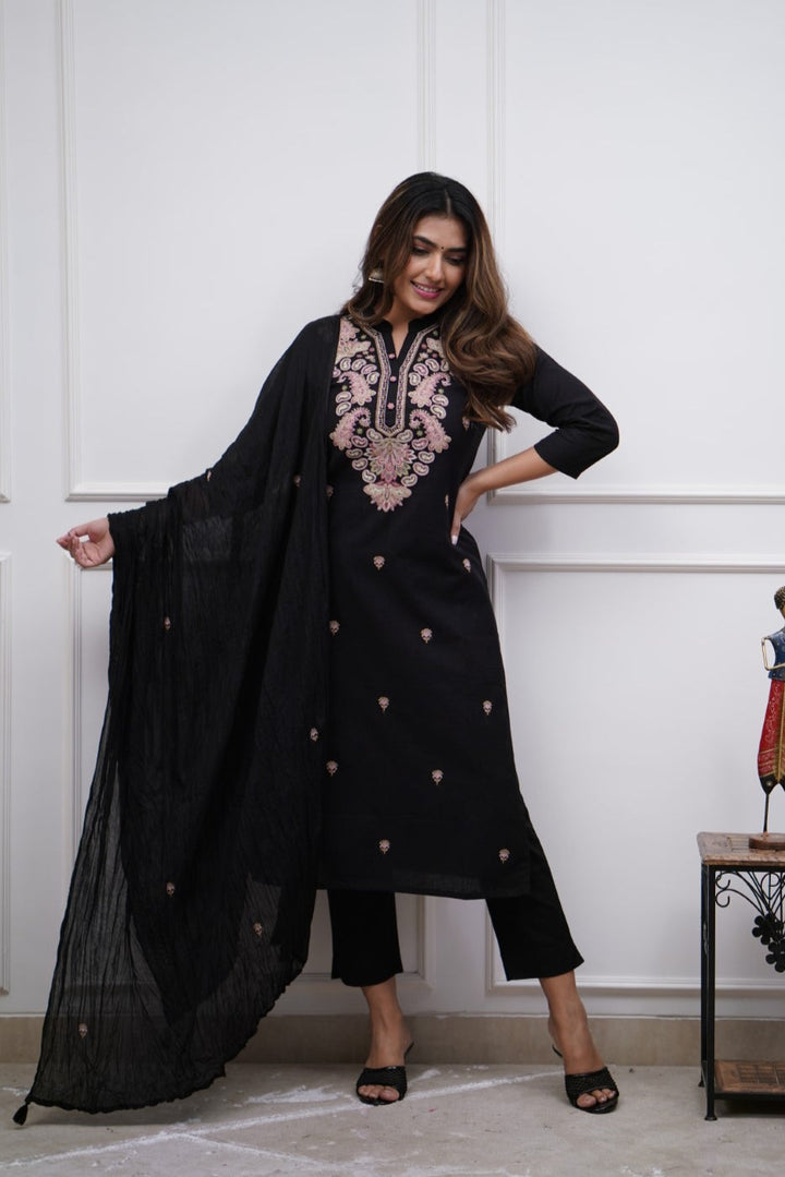 Stylish Black Viscose Chanderi Top Featuring Viscose Chanderi Bottom | Accentuated by a Chanderi