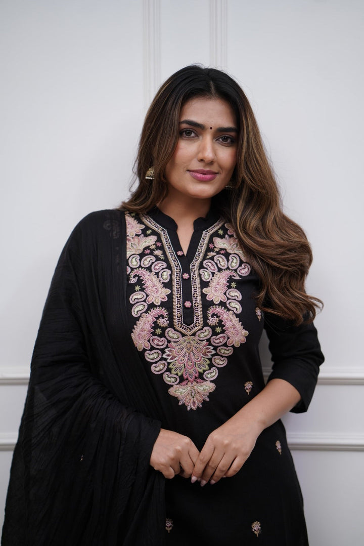 Stylish Black Viscose Chanderi Top Featuring Viscose Chanderi Bottom | Accentuated by a Chanderi