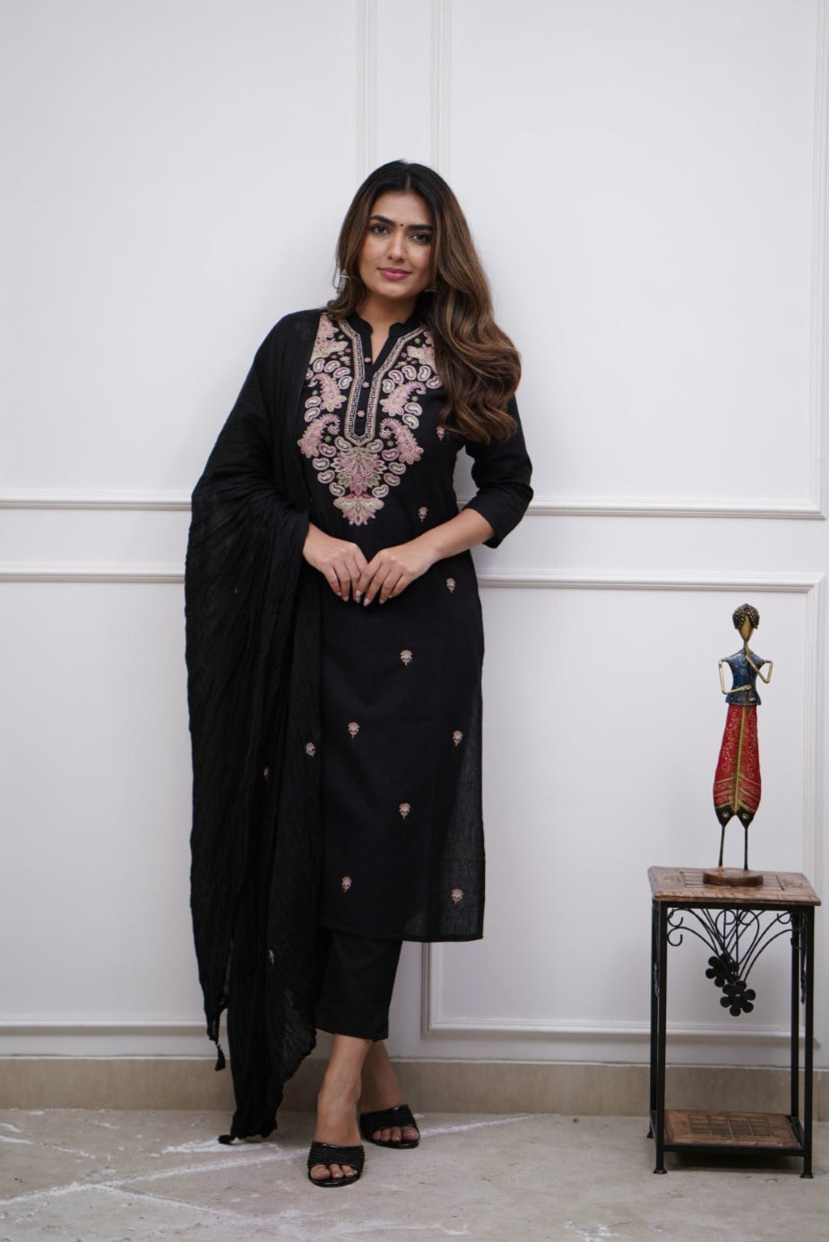 Stylish Black Viscose Chanderi Top Featuring Viscose Chanderi Bottom | Accentuated by a Chanderi