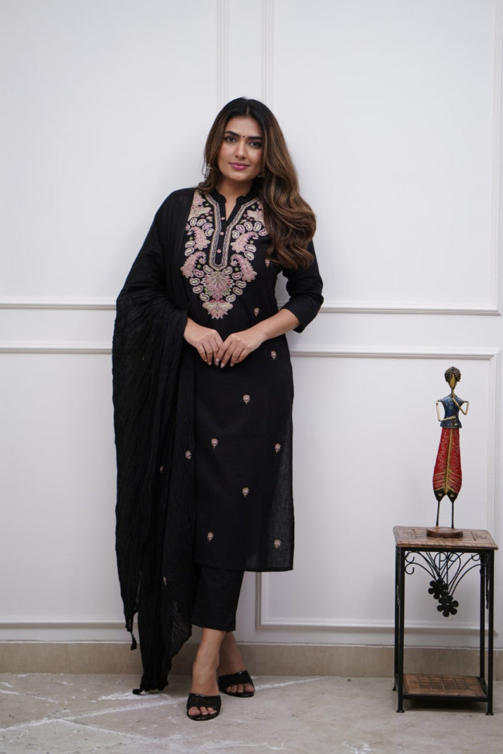 Stylish Black Viscose Chanderi Top Featuring Viscose Chanderi Bottom | Accentuated by a Chanderi