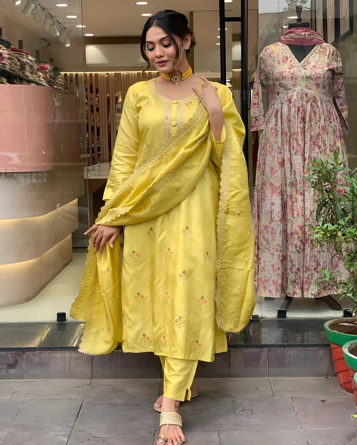 Chic Yellow Viscose Jacquard and Viscose   Combination | Completed with a Gorgeous Organza Teby