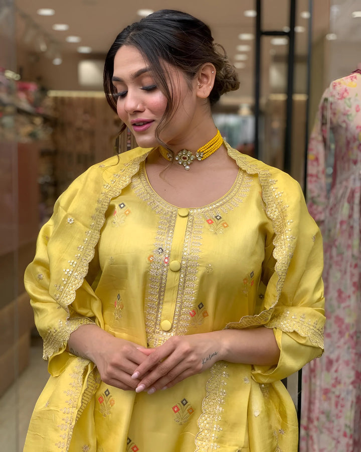Chic Yellow Viscose Jacquard and Viscose   Combination | Completed with a Gorgeous Organza Teby