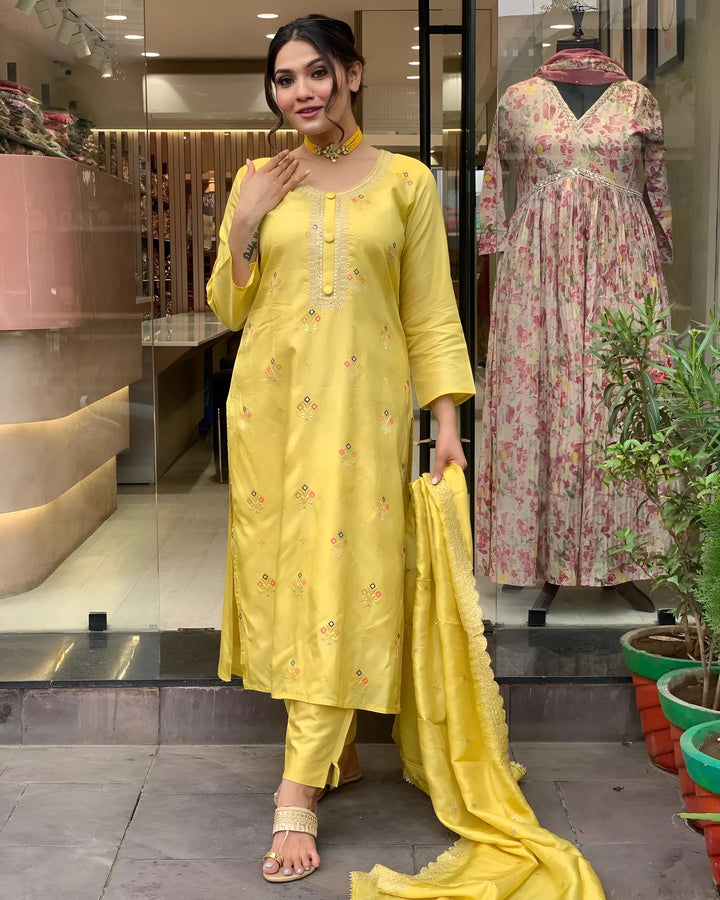 Chic Yellow Viscose Jacquard and Viscose   Combination | Completed with a Gorgeous Organza Teby