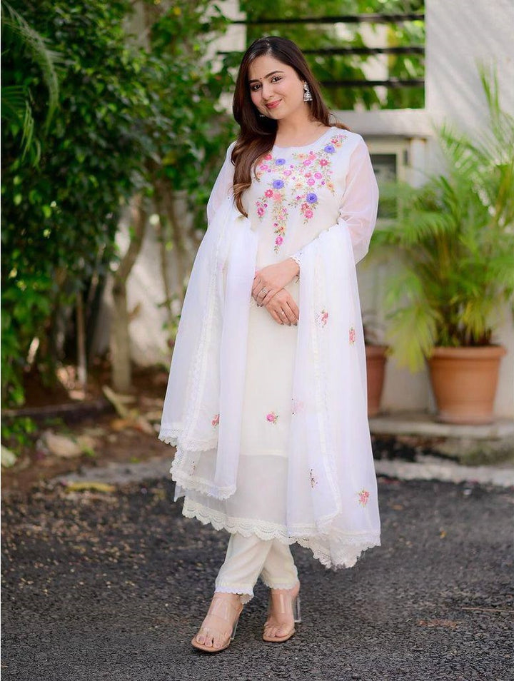 Chic White Georgette Combination | Completed with a Gorgeous Georgette Dupatta