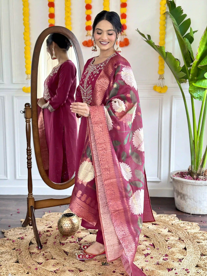 Stylish Burgundy Viscose Chanderi Top Bottom | Accentuated by a Jacquard