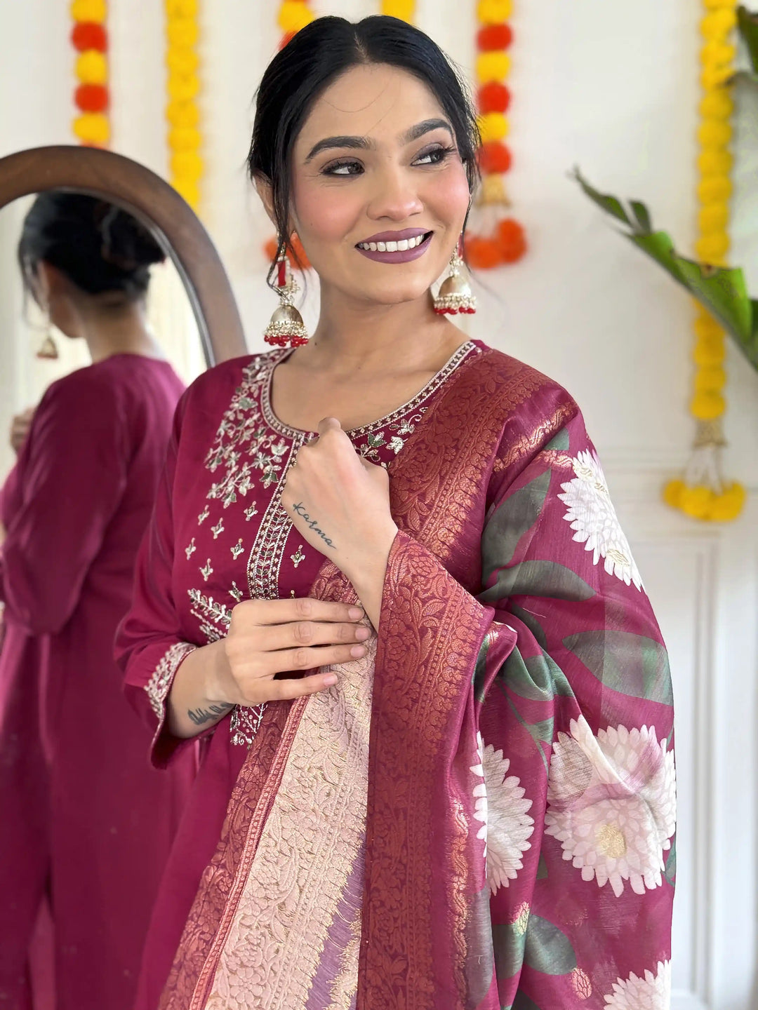 Stylish Burgundy Viscose Chanderi Top Bottom | Accentuated by a Jacquard
