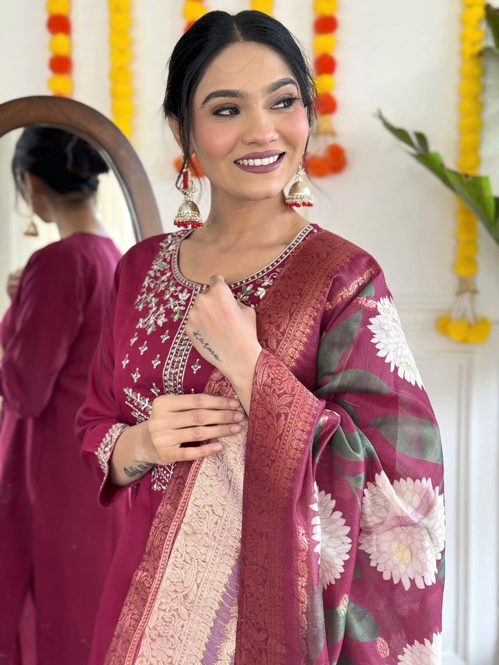 Stylish Burgundy Viscose Chanderi Top Bottom | Accentuated by a Jacquard