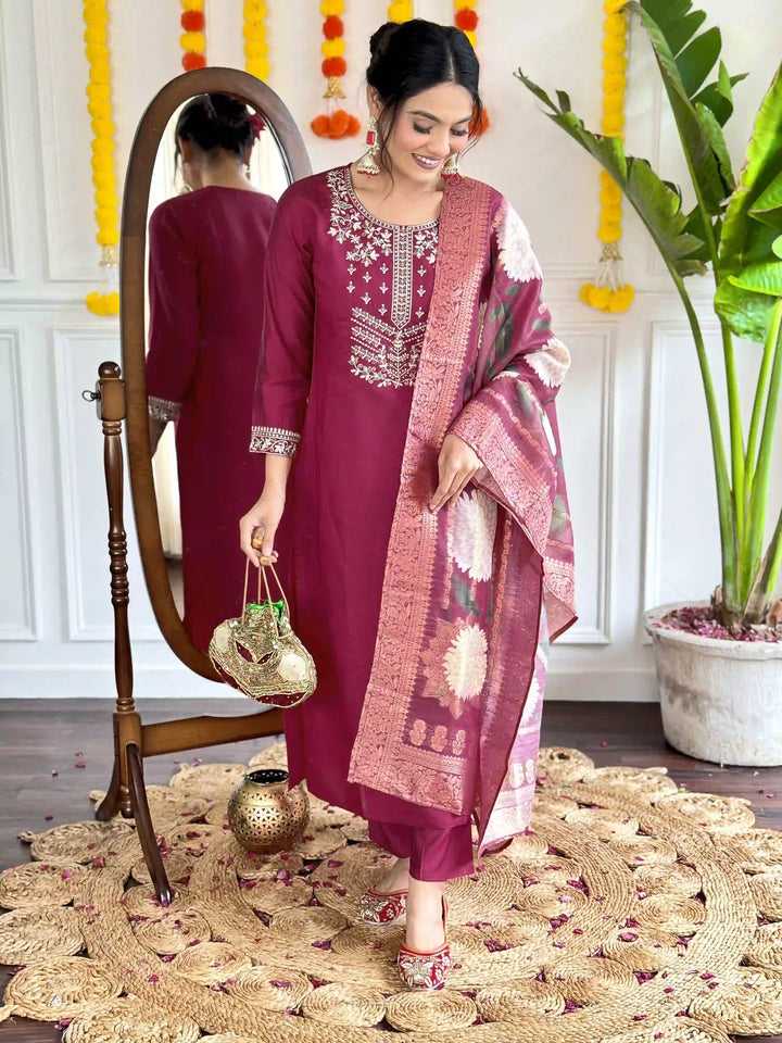 Stylish Burgundy Viscose Chanderi Top Bottom | Accentuated by a Jacquard