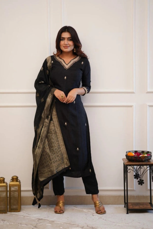 Graceful Black Viscose Chanderi Top & Bottom | Highlighting a Stunning Jacquard