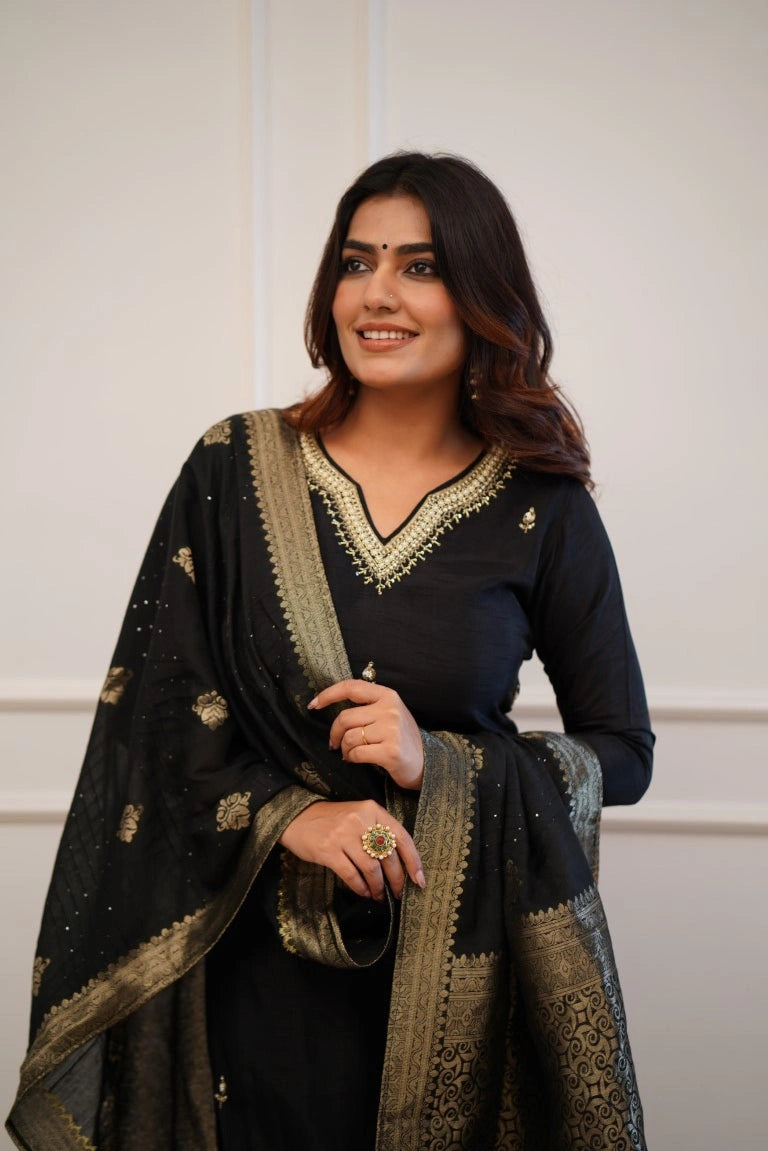 Graceful Black Viscose Chanderi Top & Bottom | Highlighting a Stunning Jacquard
