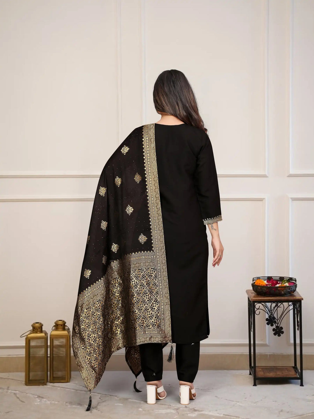 Graceful Black Viscose Chanderi Top & Bottom | Highlighting a Stunning Jacquard