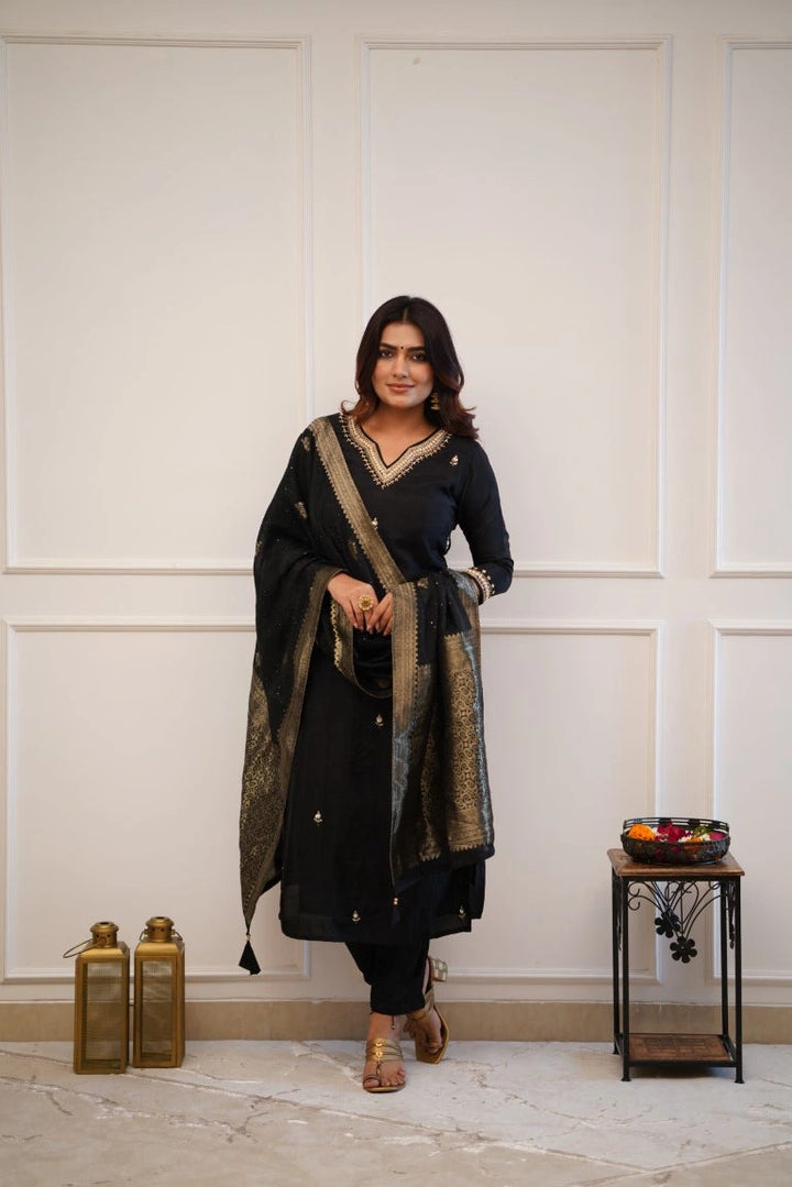 Graceful Black Viscose Chanderi Top & Bottom | Highlighting a Stunning Jacquard
