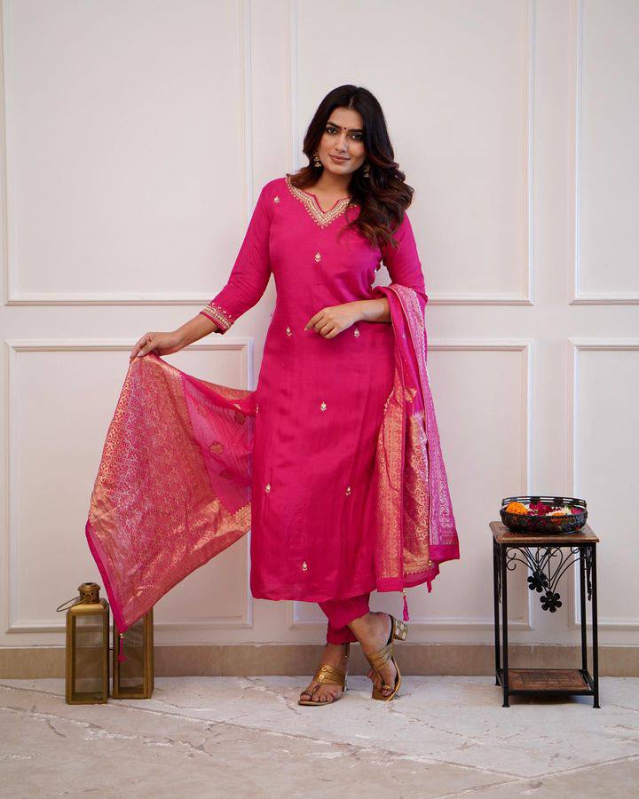 Graceful Pink Viscose Chanderi Top with Viscose Chanderi Bottom | Highlighting a Stunning Jacquard