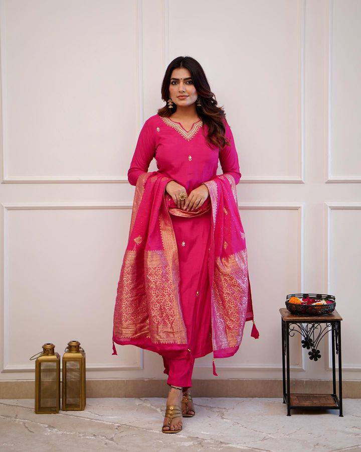 Graceful Pink Viscose Chanderi Top with Viscose Chanderi Bottom | Highlighting a Stunning Jacquard