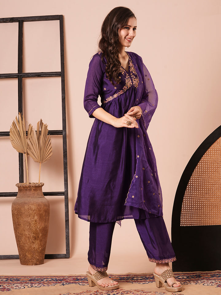 Stylish Purple Vichitra Silk Top with Bottom | a Gorgeous Organza Dupatta