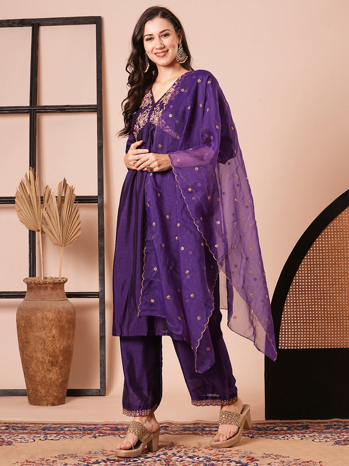 Stylish Purple Vichitra Silk Top with Bottom | a Gorgeous Organza Dupatta