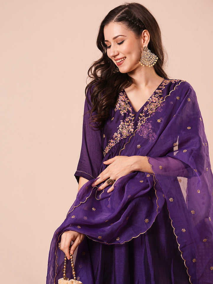 Stylish Purple Vichitra Silk Top with Bottom | a Gorgeous Organza Dupatta