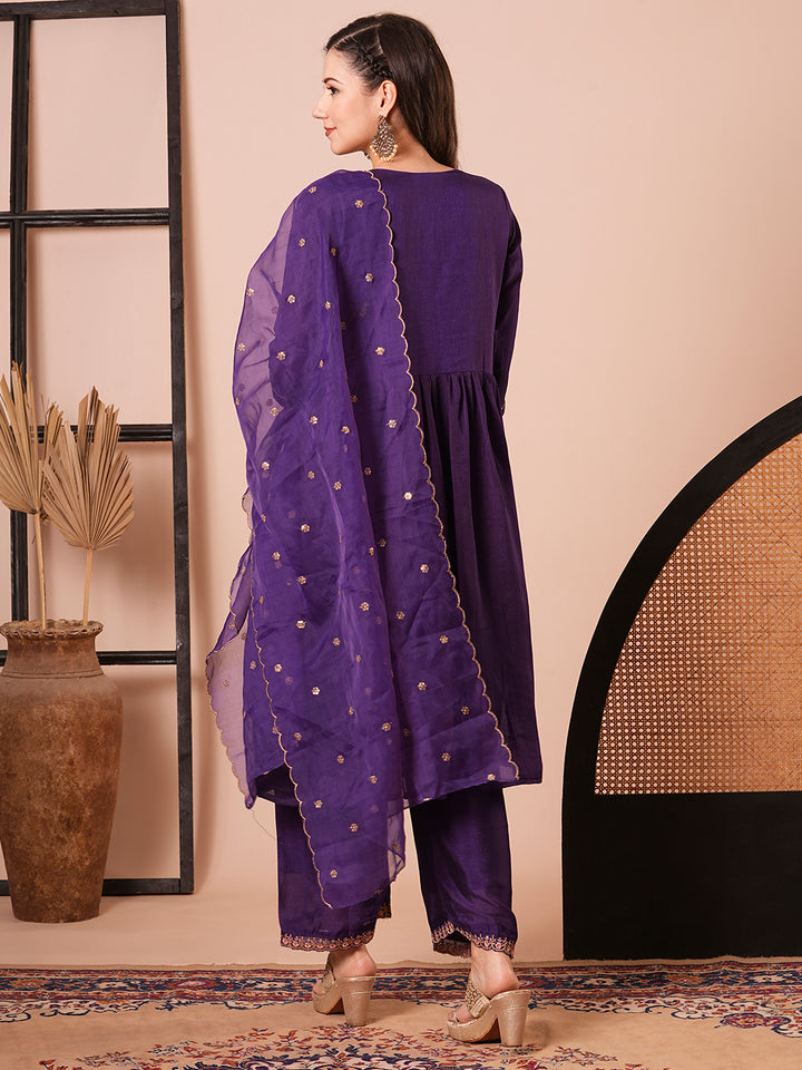 Stylish Purple Vichitra Silk Top with Bottom | a Gorgeous Organza Dupatta
