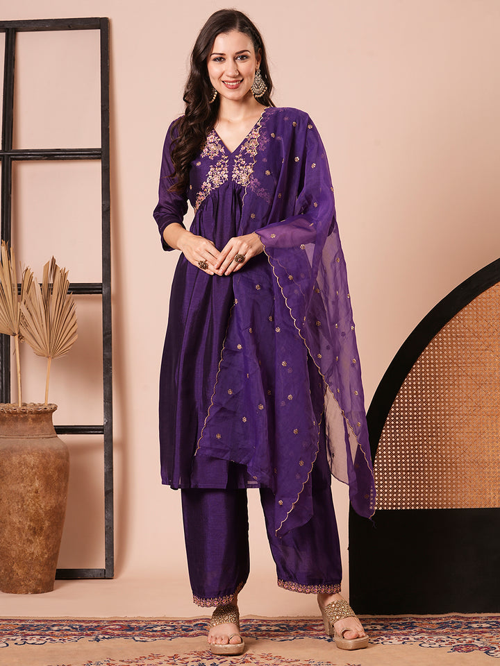 Stylish Purple Vichitra Silk Top with Bottom | a Gorgeous Organza Dupatta