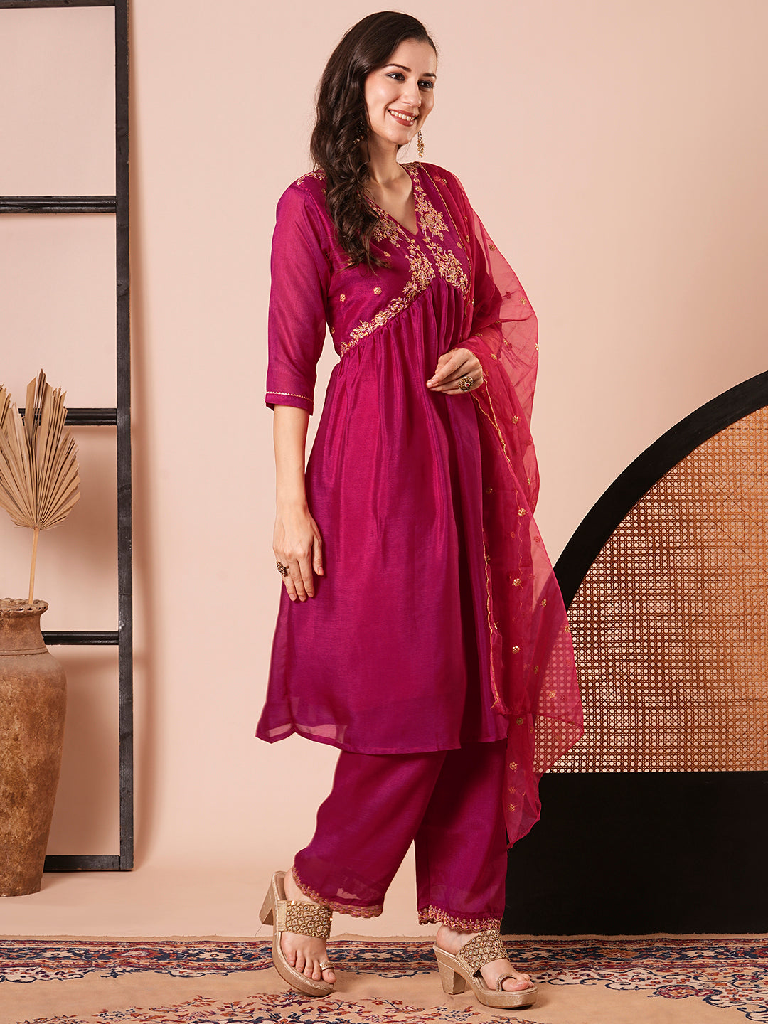 Stylish Pink Vichitra Silk Top Featuring Bottom | Completed with a Gorgeous Organza Dupatta