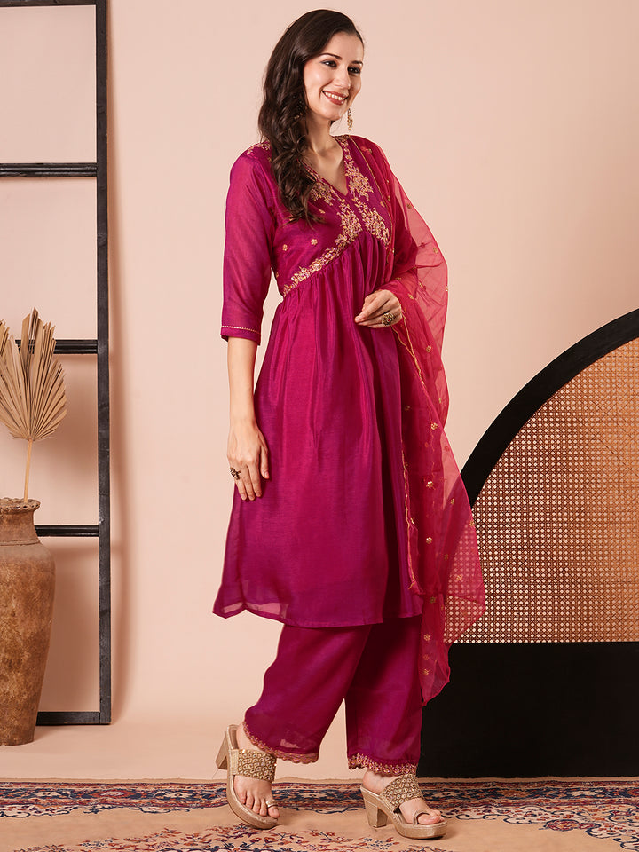 Stylish Pink Vichitra Silk Top Featuring Bottom | Completed with a Gorgeous Organza Dupatta