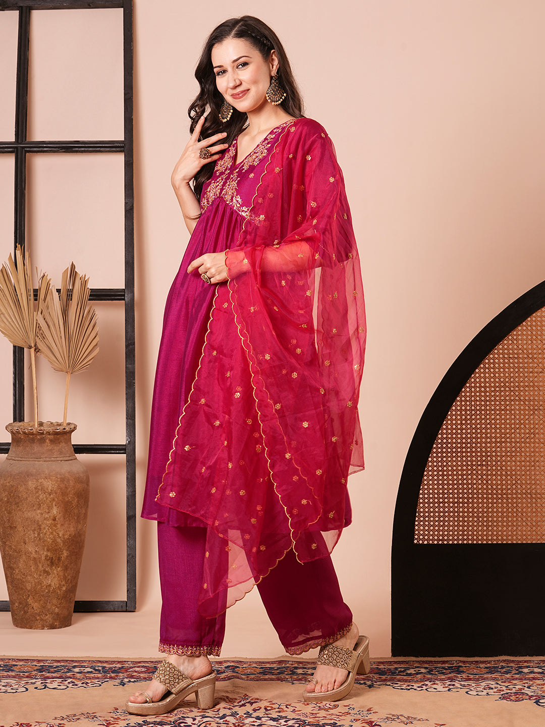 Stylish Pink Vichitra Silk Top Featuring Bottom | Completed with a Gorgeous Organza Dupatta
