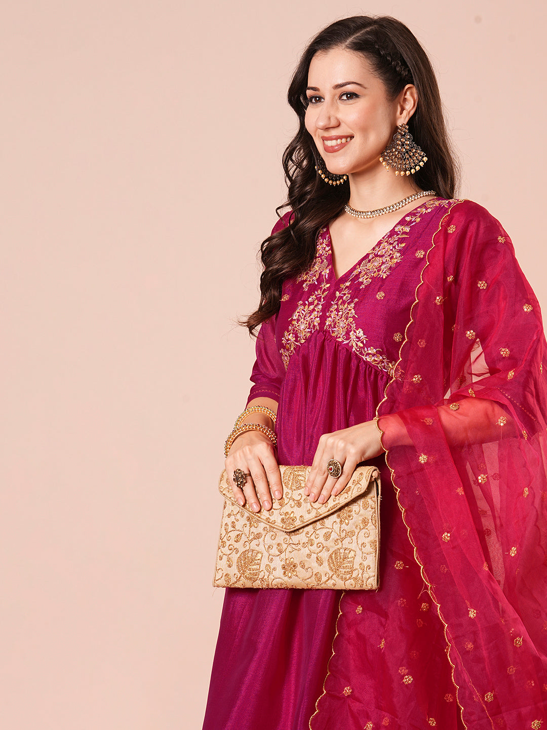 Stylish Pink Vichitra Silk Top Featuring Bottom | Completed with a Gorgeous Organza Dupatta
