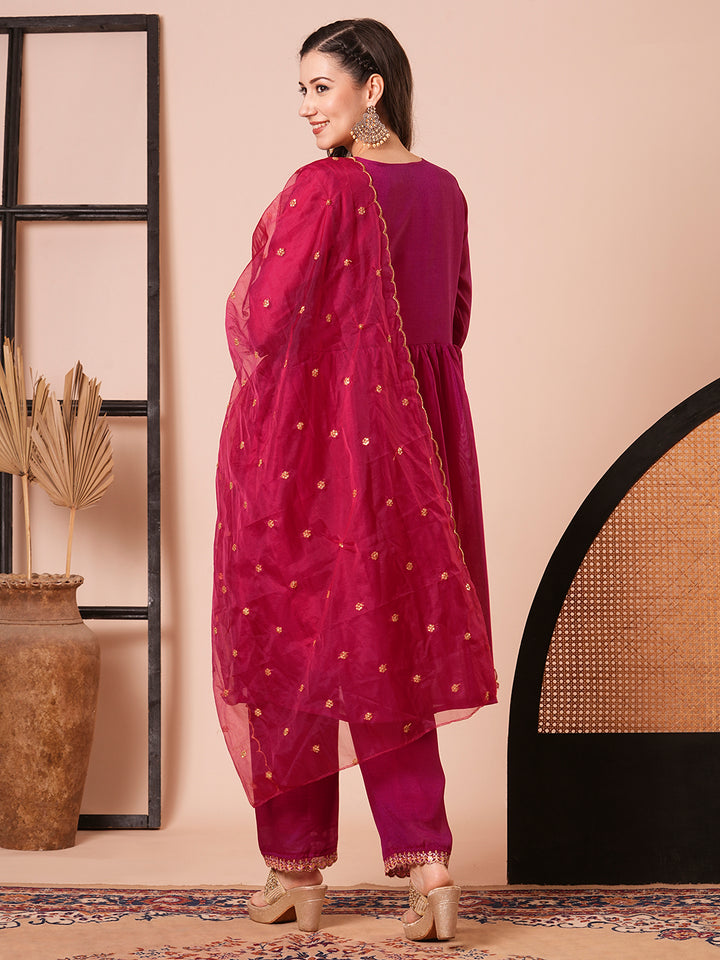Stylish Pink Vichitra Silk Top Featuring Bottom | Completed with a Gorgeous Organza Dupatta
