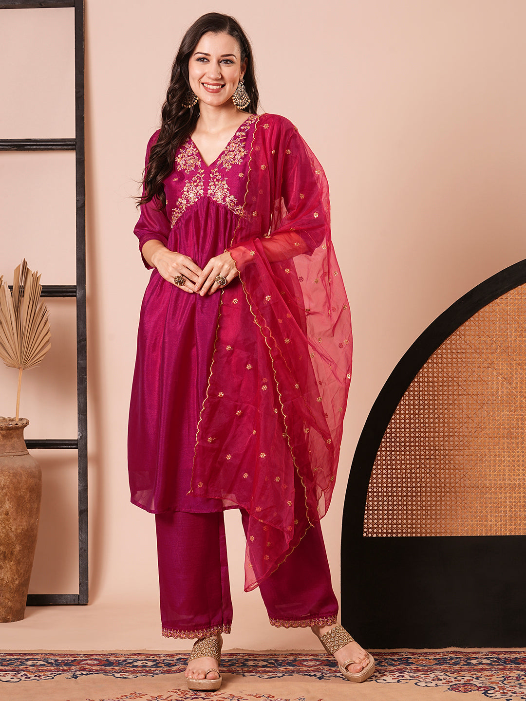 Stylish Pink Vichitra Silk Top Featuring Bottom | Completed with a Gorgeous Organza Dupatta