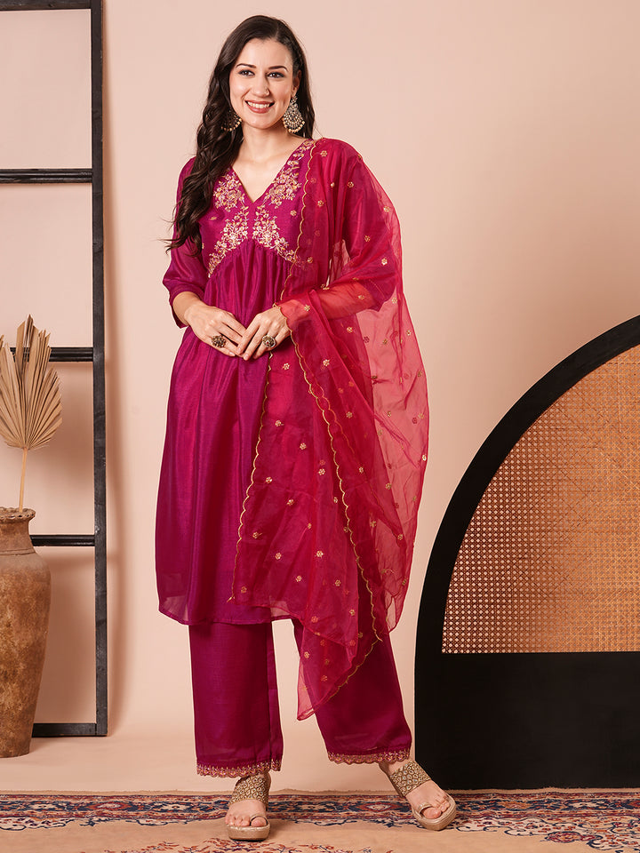 Stylish Pink Vichitra Silk Top Featuring Bottom | Completed with a Gorgeous Organza Dupatta
