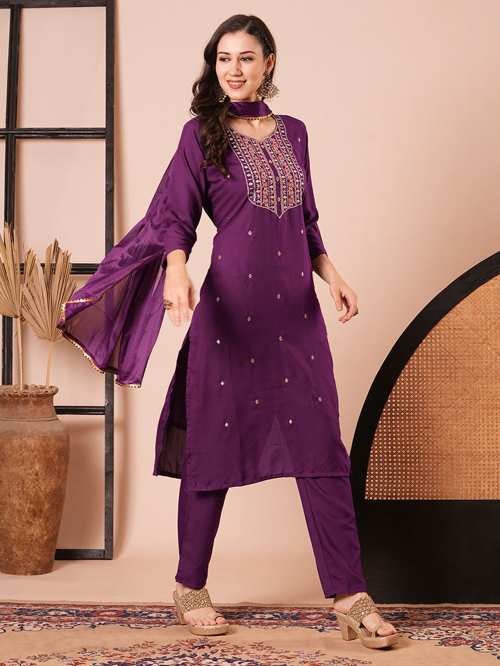Chic Purple Rayon Slub Salwar Kameez | Completed with a Gorgeous Chinon Dupatta