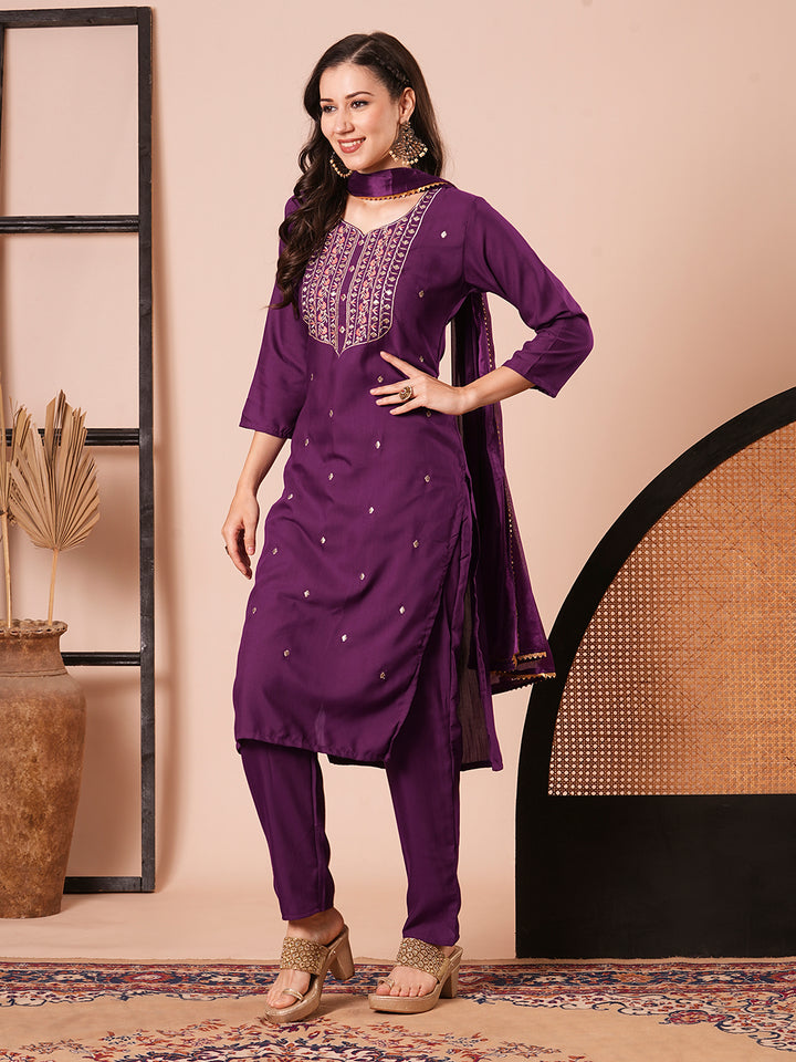 Chic Purple Rayon Slub Salwar Kameez | Completed with a Gorgeous Chinon Dupatta