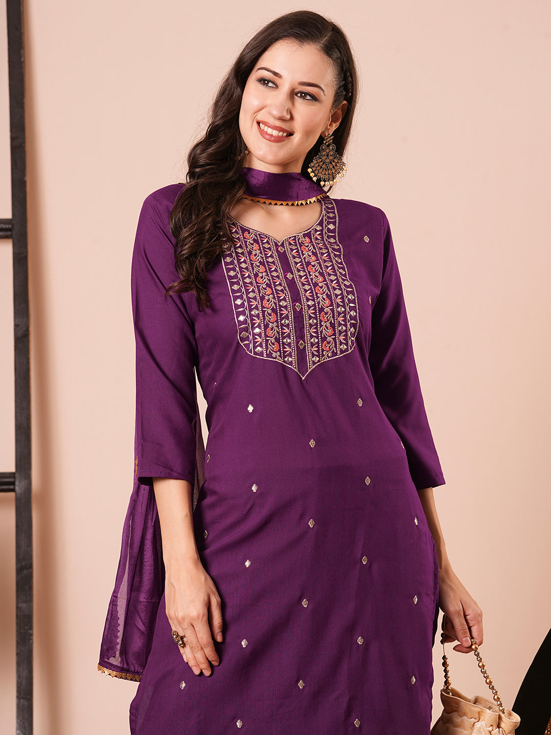 Chic Purple Rayon Slub Salwar Kameez | Completed with a Gorgeous Chinon Dupatta