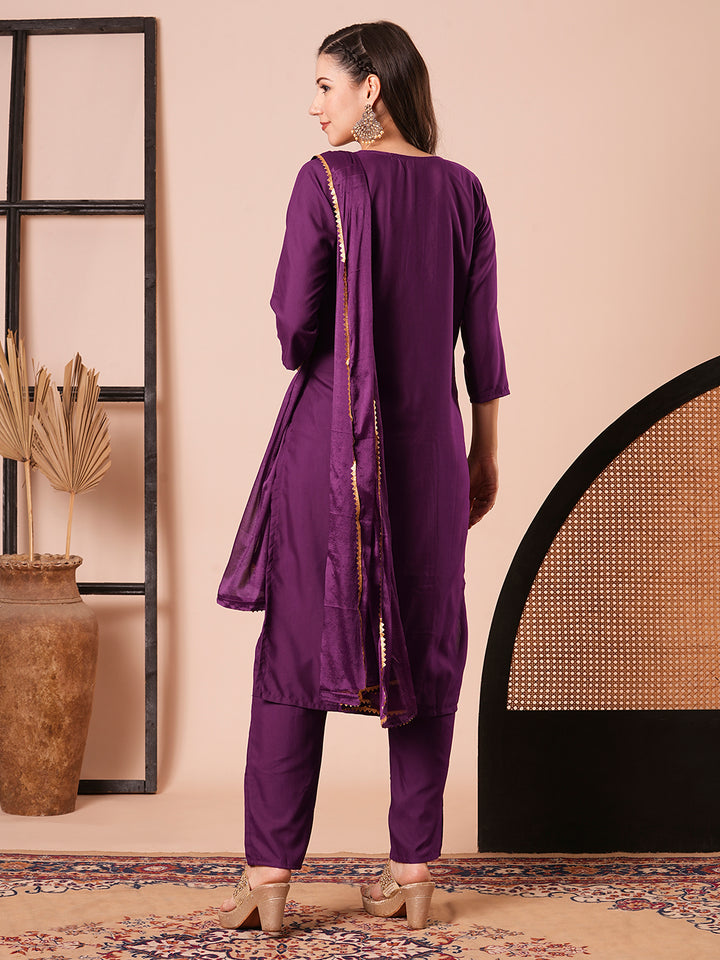 Chic Purple Rayon Slub Salwar Kameez | Completed with a Gorgeous Chinon Dupatta