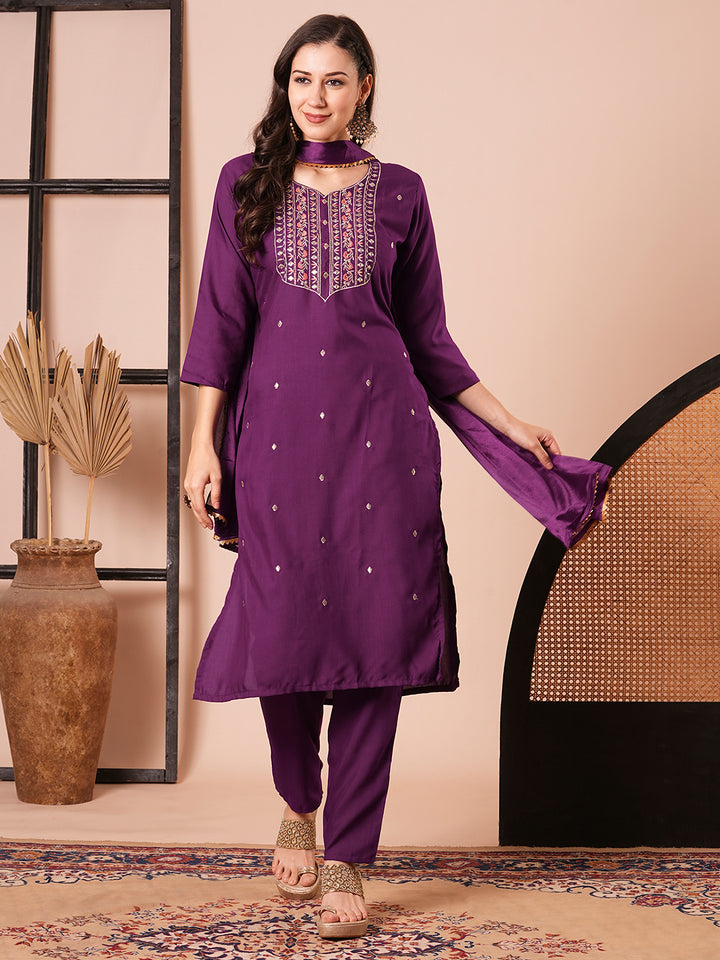 Chic Purple Rayon Slub Salwar Kameez | Completed with a Gorgeous Chinon Dupatta