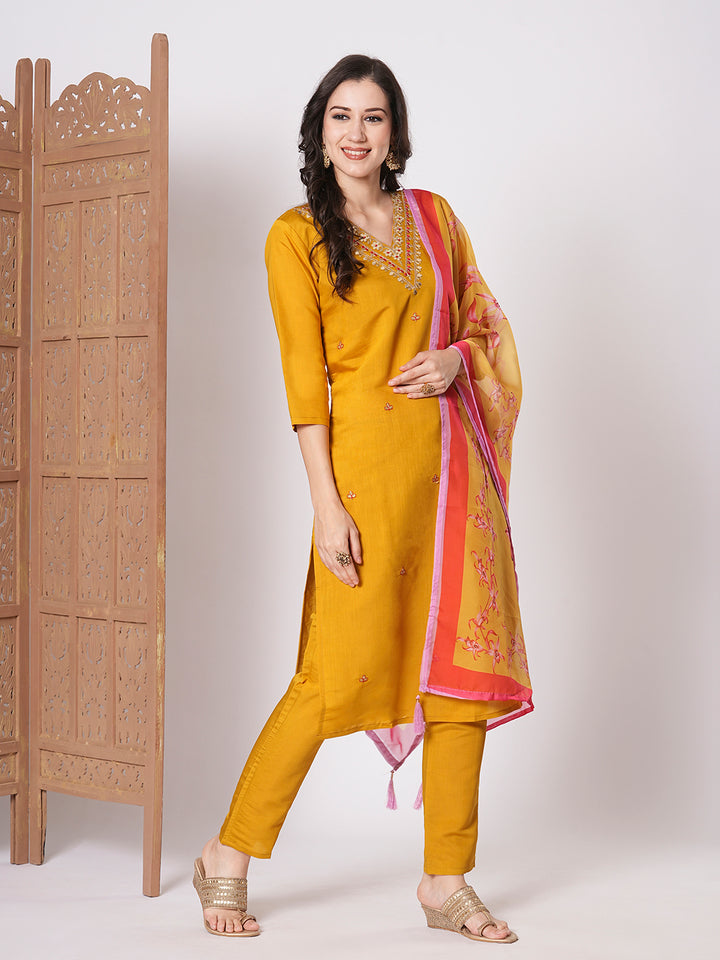 Stylish Mustard Viscose Chanderi Top Featuring Bottom | Accentuated by a Tissue Silk Dupatta